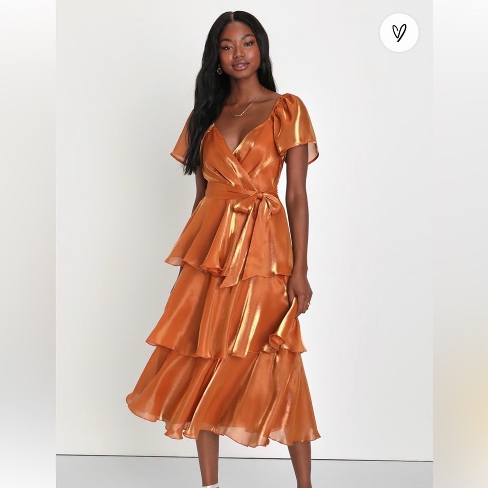 NWT Lulus Glowing Spirit Rust Orange Flutter Sleeve Tiered Midi Dress